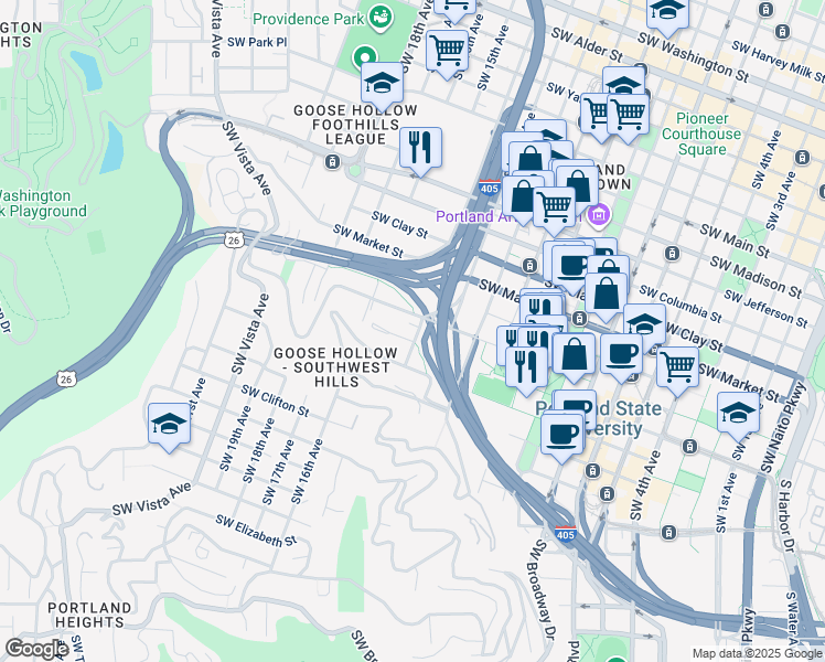 map of restaurants, bars, coffee shops, grocery stores, and more near 1410 Southwest Harrison Street in Portland
