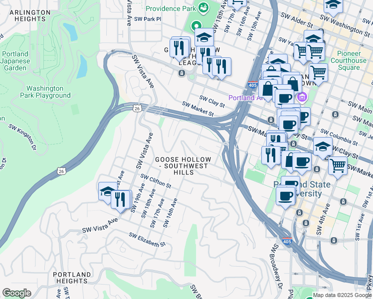 map of restaurants, bars, coffee shops, grocery stores, and more near 1581 Southwest Upper Hall Street in Portland