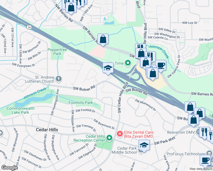 map of restaurants, bars, coffee shops, grocery stores, and more near 905 Southwest Cedar Hills Boulevard in Portland