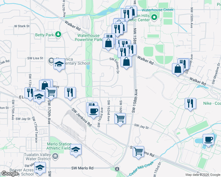 map of restaurants, bars, coffee shops, grocery stores, and more near 980 Southwest 163rd Avenue in Beaverton
