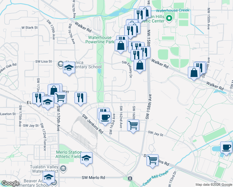 map of restaurants, bars, coffee shops, grocery stores, and more near 950 Southwest 163rd Avenue in Beaverton