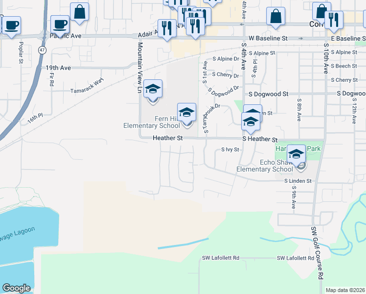 map of restaurants, bars, coffee shops, grocery stores, and more near 4412 Settlers Loop in Forest Grove