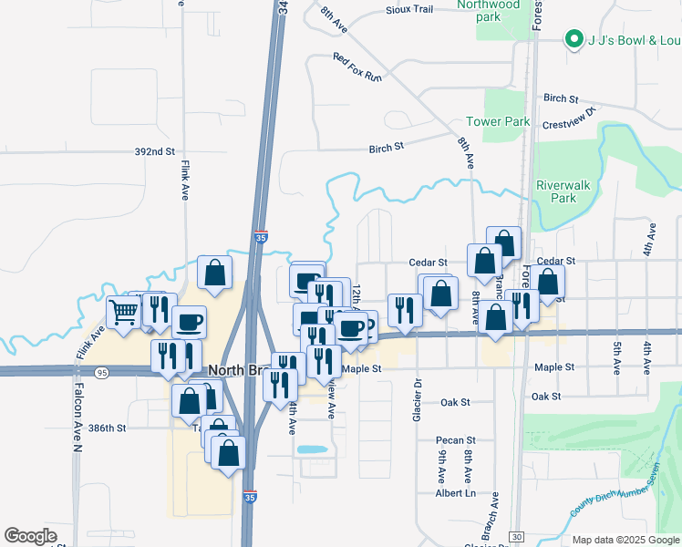 map of restaurants, bars, coffee shops, grocery stores, and more near 5900 Elm Street in North Branch