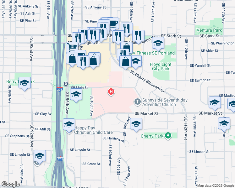 map of restaurants, bars, coffee shops, grocery stores, and more near 10300 Southeast Main Street in Portland