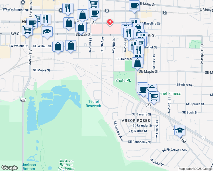 map of restaurants, bars, coffee shops, grocery stores, and more near 733 Southeast Englewood Street in Hillsboro