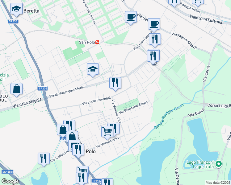 map of restaurants, bars, coffee shops, grocery stores, and more near 19 Via Lucio Fiorentini in Brescia