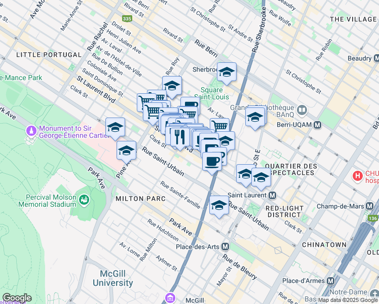 map of restaurants, bars, coffee shops, grocery stores, and more near 3554 Boulevard Saint-Laurent in Montréal