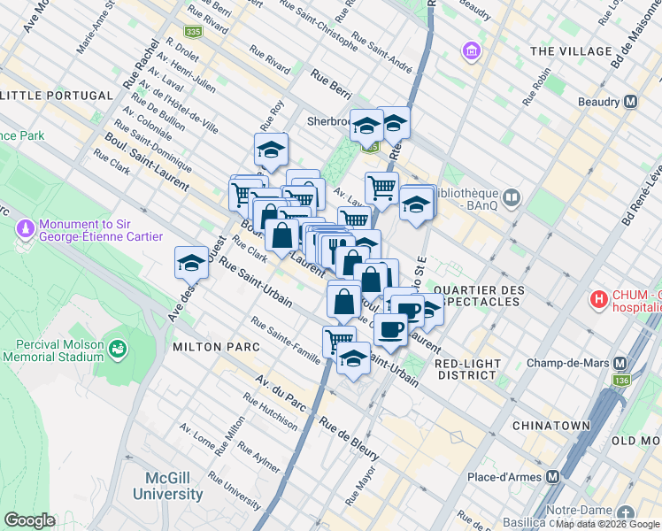 map of restaurants, bars, coffee shops, grocery stores, and more near 3476 Rue Saint-Dominique in Montréal
