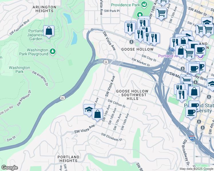 map of restaurants, bars, coffee shops, grocery stores, and more near 1925 Southwest Vista Avenue in Portland