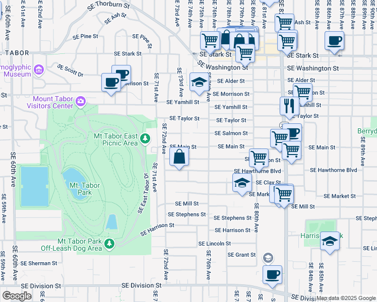 map of restaurants, bars, coffee shops, grocery stores, and more near 7305 Southeast Madison Street in Portland