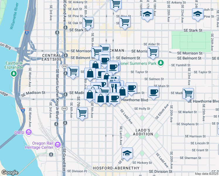 map of restaurants, bars, coffee shops, grocery stores, and more near 1340 Southeast 12th Avenue in Portland
