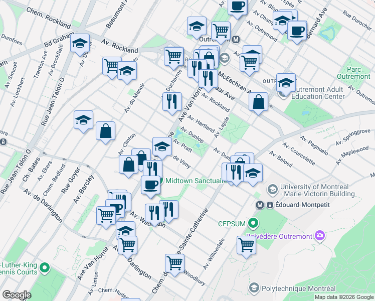 map of restaurants, bars, coffee shops, grocery stores, and more near 728 Avenue Pratt in Montréal