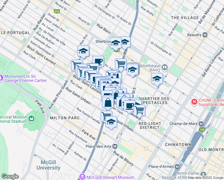 map of restaurants, bars, coffee shops, grocery stores, and more near 65 Rue Sherbrooke Est in Montréal