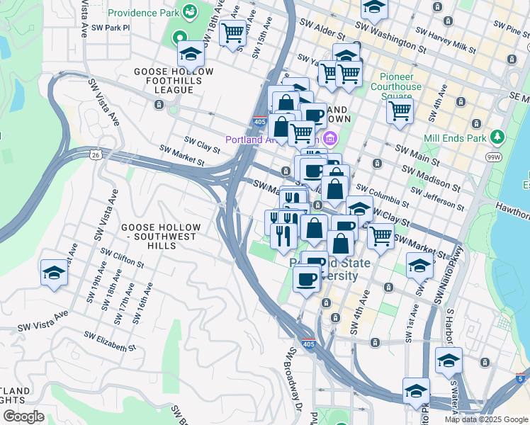 map of restaurants, bars, coffee shops, grocery stores, and more near 1705 Southwest 11th Avenue in Portland