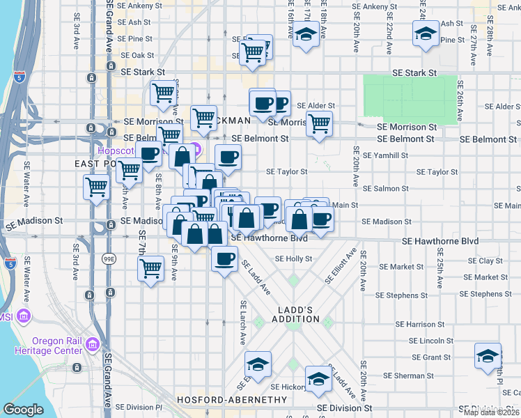 map of restaurants, bars, coffee shops, grocery stores, and more near 1310 Southeast 14th Avenue in Portland
