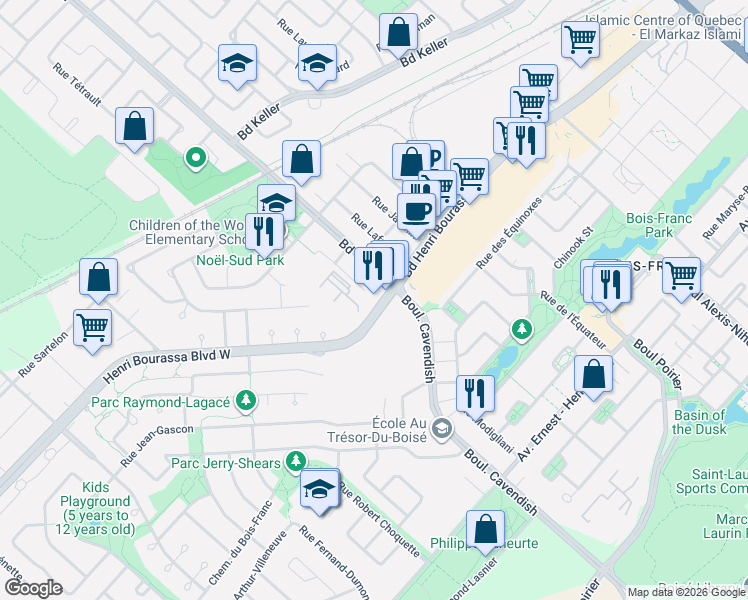 map of restaurants, bars, coffee shops, grocery stores, and more near 6247 Boulevard Henri Bourassa Ouest in Montréal