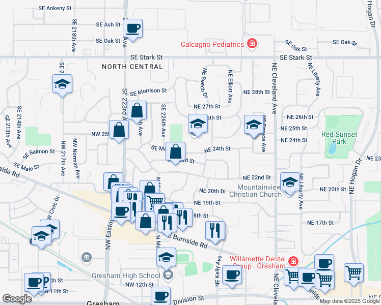 map of restaurants, bars, coffee shops, grocery stores, and more near 295 Northeast 24th Street in Gresham