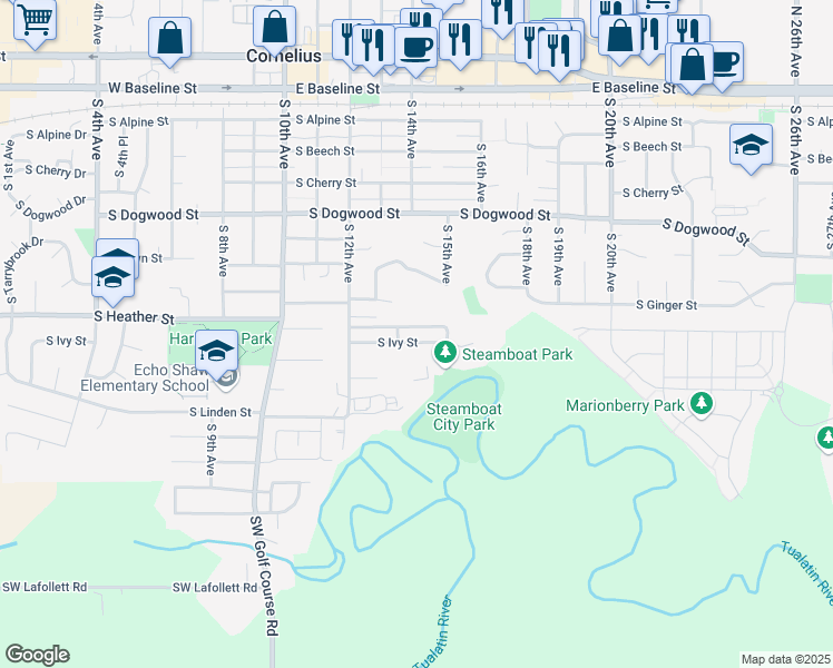 map of restaurants, bars, coffee shops, grocery stores, and more near 1360 South Ivy Street in Cornelius