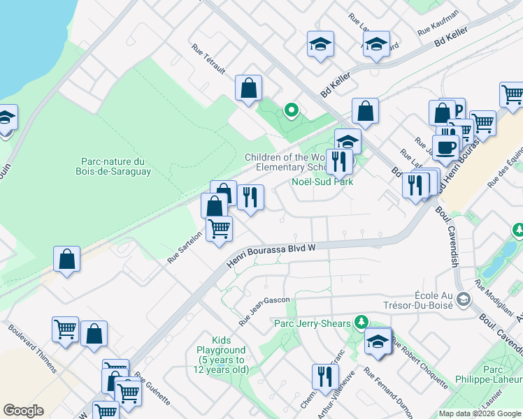 map of restaurants, bars, coffee shops, grocery stores, and more near 3207 Rue Noorduyn in Montréal