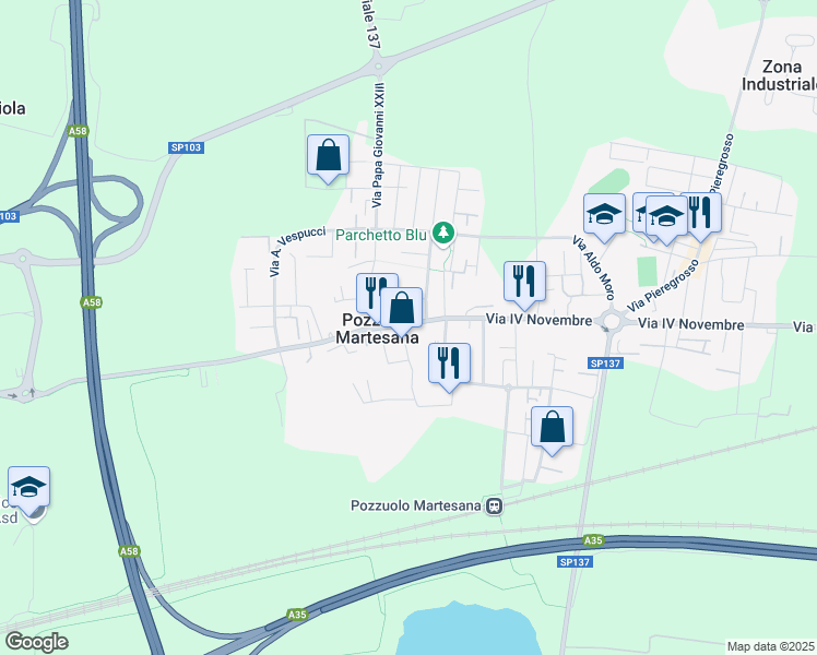 map of restaurants, bars, coffee shops, grocery stores, and more near 11 Via Martiri della Liberazione in Pozzuolo Martesana