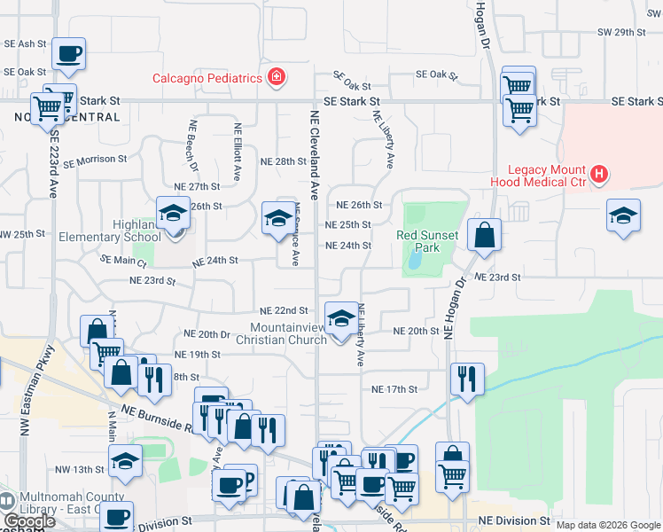 map of restaurants, bars, coffee shops, grocery stores, and more near 2360 Northeast Cleveland Avenue in Gresham