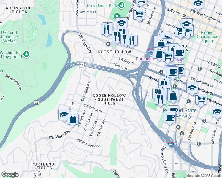 map of restaurants, bars, coffee shops, grocery stores, and more near 1581 Southwest Upper Hall Street in Portland