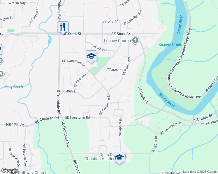 map of restaurants, bars, coffee shops, grocery stores, and more near 3895 Southeast Pelton Avenue in Troutdale