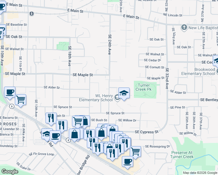 map of restaurants, bars, coffee shops, grocery stores, and more near Southeast Alder Street in Hillsboro