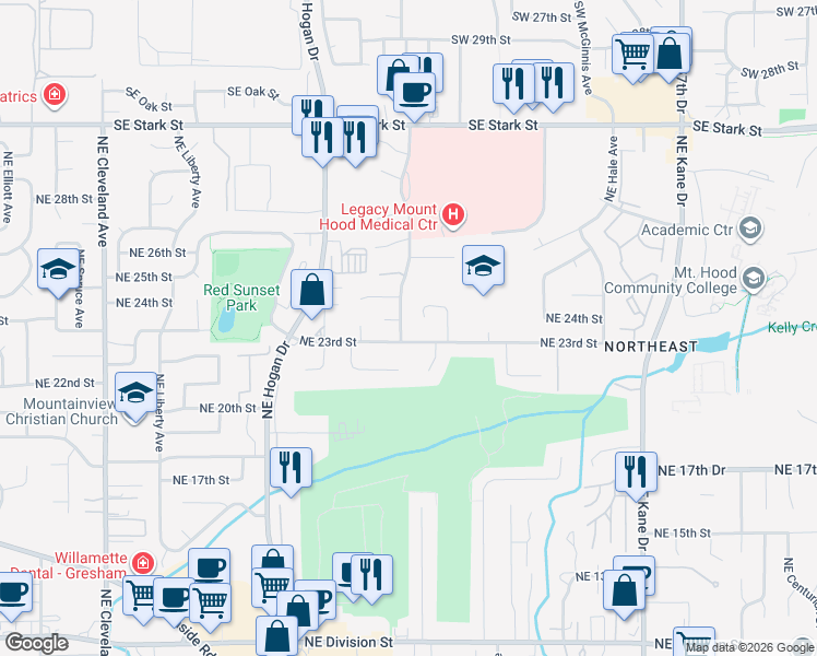 map of restaurants, bars, coffee shops, grocery stores, and more near 2350 Northeast 23rd Street in Gresham