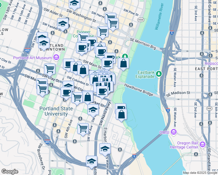 map of restaurants, bars, coffee shops, grocery stores, and more near 1 Southwest Columbia Street in Portland