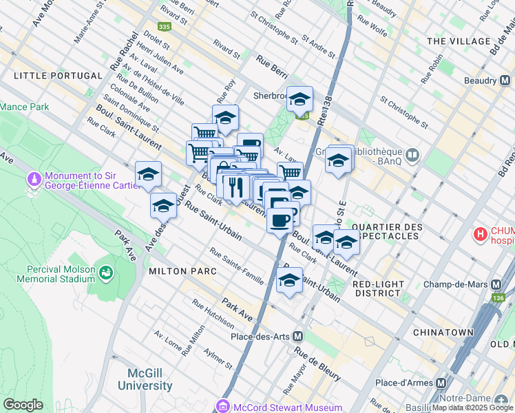 map of restaurants, bars, coffee shops, grocery stores, and more near 3523 Saint Laurent Boulevard in Montreal