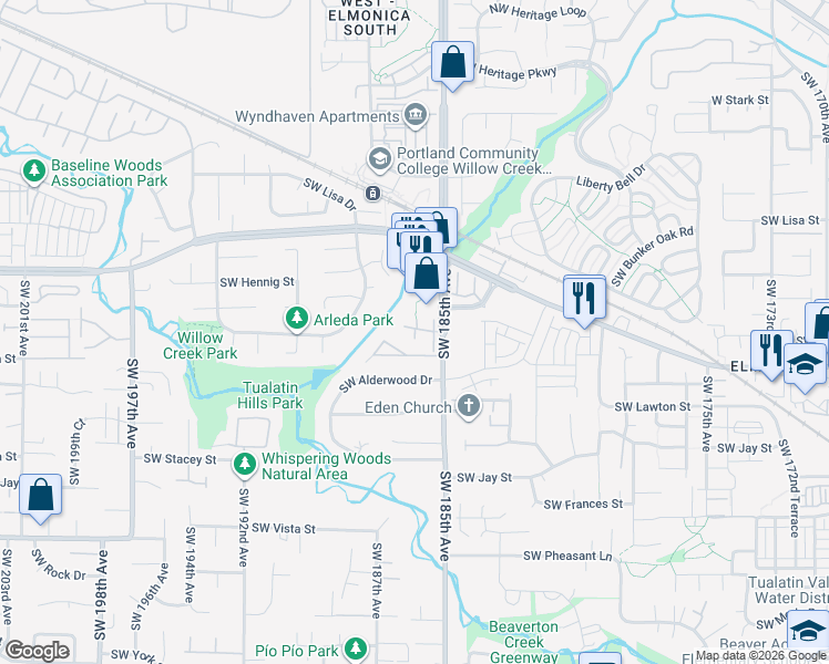 map of restaurants, bars, coffee shops, grocery stores, and more near 875 Southwest 185th Avenue in Beaverton