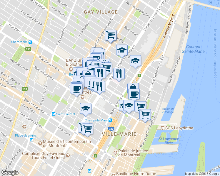 map of restaurants, bars, coffee shops, grocery stores, and more near 1085 Rue Berri in Montreal