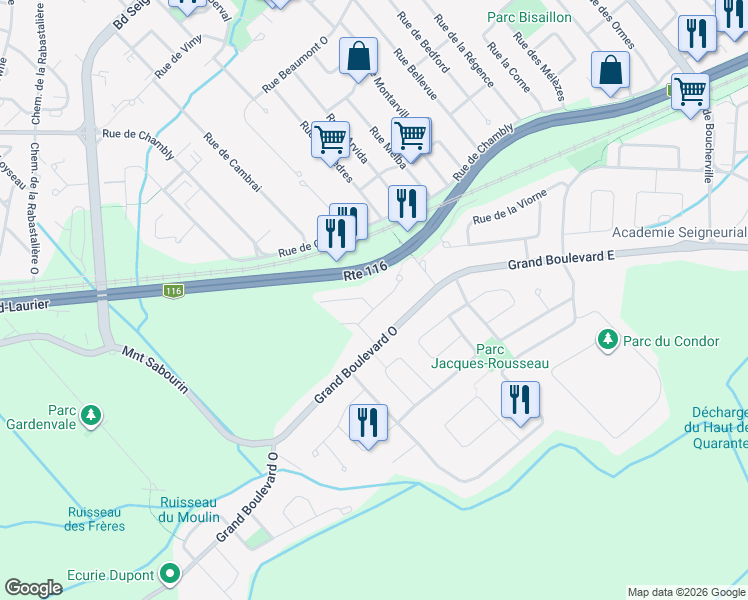 map of restaurants, bars, coffee shops, grocery stores, and more near 2300 Rue des Saturnies in Saint-Bruno-de-Montarville