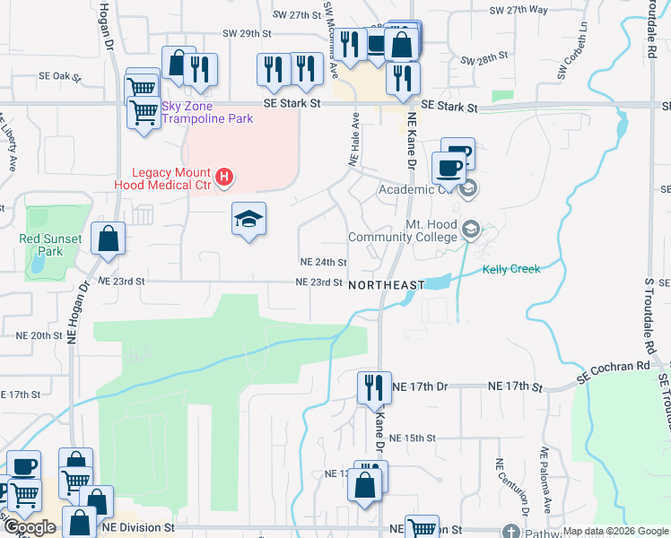 map of restaurants, bars, coffee shops, grocery stores, and more near 3050 Northeast 23rd Street in Gresham