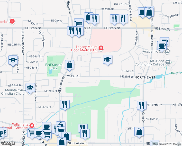 map of restaurants, bars, coffee shops, grocery stores, and more near 2350 Northeast 23rd Street in Gresham