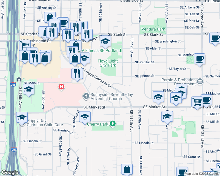 map of restaurants, bars, coffee shops, grocery stores, and more near 10912 Southeast Madison Drive in Portland