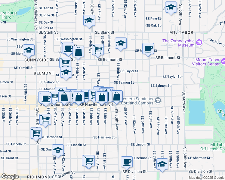 map of restaurants, bars, coffee shops, grocery stores, and more near 1339 Southeast 50th Avenue in Portland