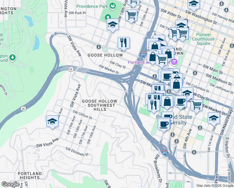 map of restaurants, bars, coffee shops, grocery stores, and more near 1410 Southwest Harrison Street in Portland