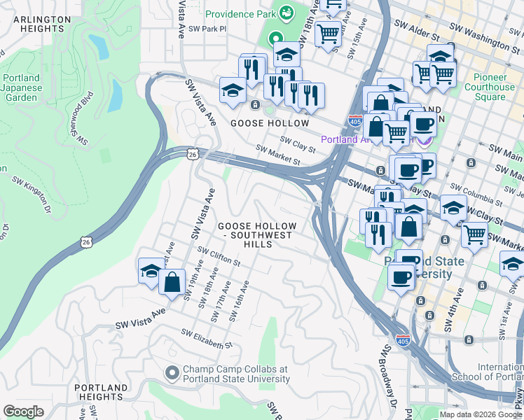 map of restaurants, bars, coffee shops, grocery stores, and more near 1581 Southwest Upper Hall Street in Portland