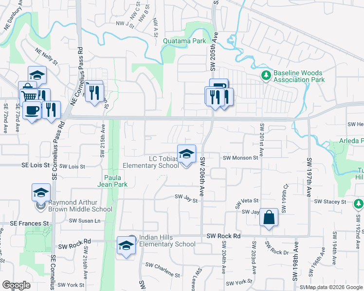 map of restaurants, bars, coffee shops, grocery stores, and more near 20742 Southwest Brackenwood Lane in Aloha
