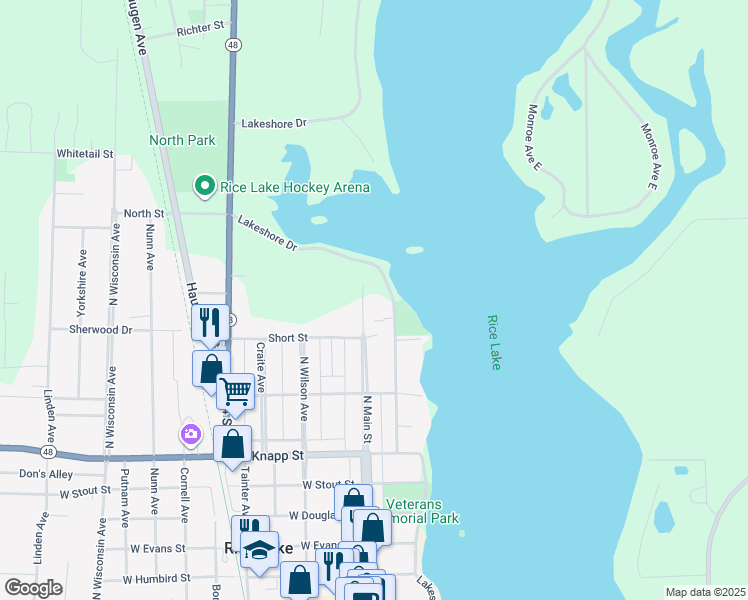 map of restaurants, bars, coffee shops, grocery stores, and more near 1035 North Main Street in Rice Lake