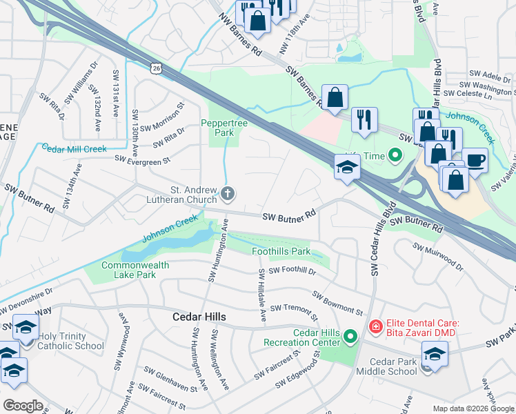 map of restaurants, bars, coffee shops, grocery stores, and more near 12160 Southwest Butner Road in Portland