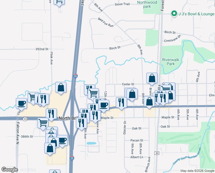 map of restaurants, bars, coffee shops, grocery stores, and more near 38943 12th Avenue in North Branch