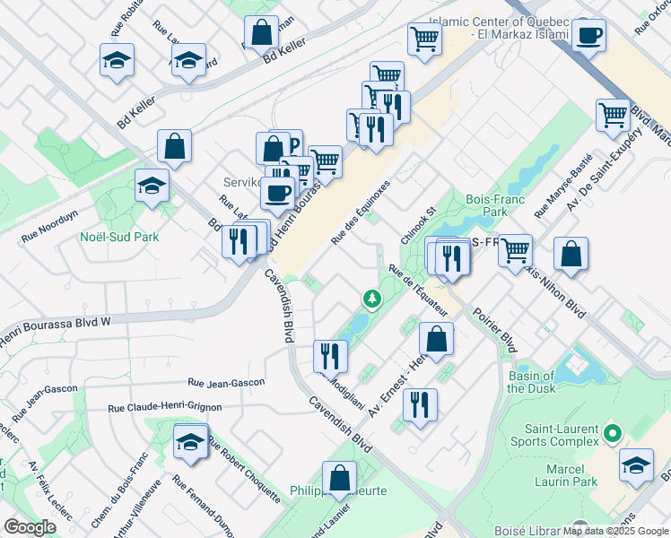 map of restaurants, bars, coffee shops, grocery stores, and more near 2247 Rue des Migrations in Montréal