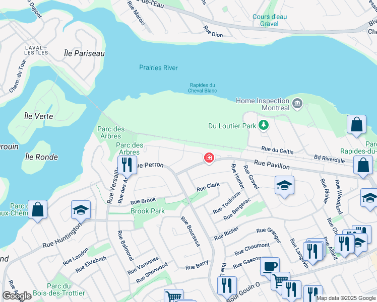 map of restaurants, bars, coffee shops, grocery stores, and more near 12463 Rue Saint Louis in Montreal