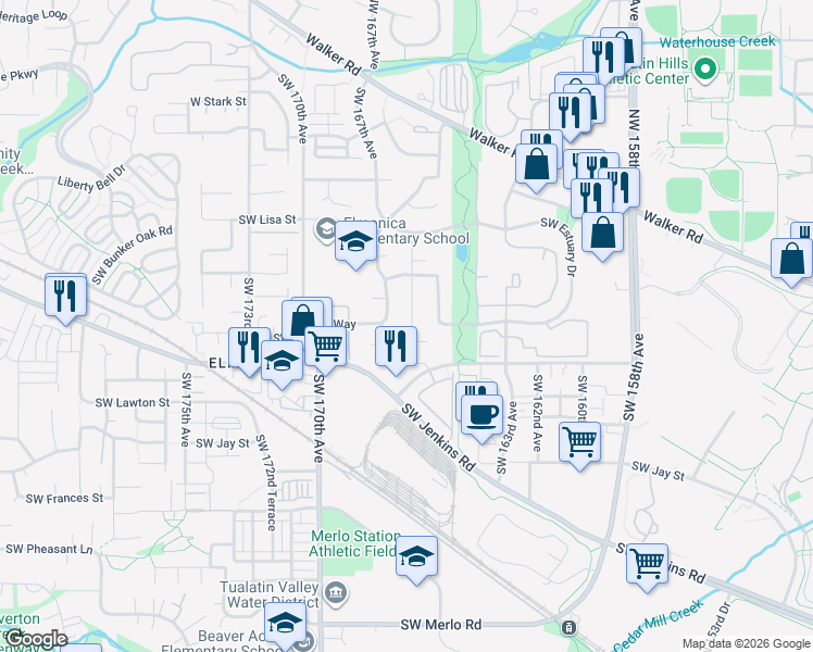 map of restaurants, bars, coffee shops, grocery stores, and more near 935 Southwest 166th Avenue in Beaverton