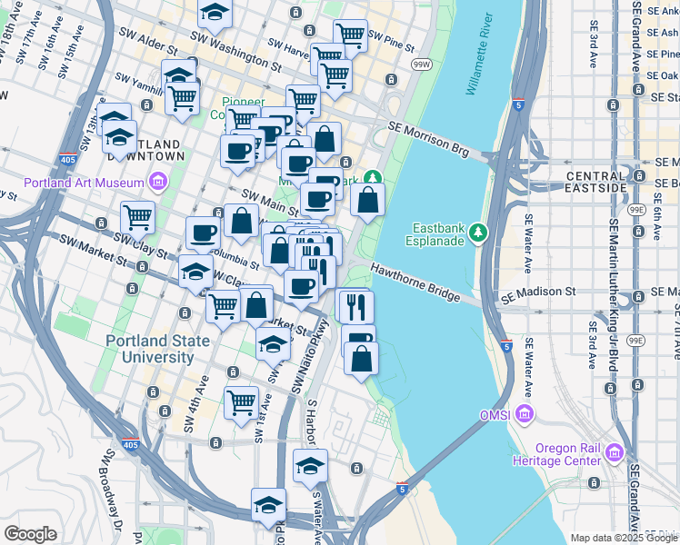 map of restaurants, bars, coffee shops, grocery stores, and more near 1201 Southwest Naito Parkway in Portland