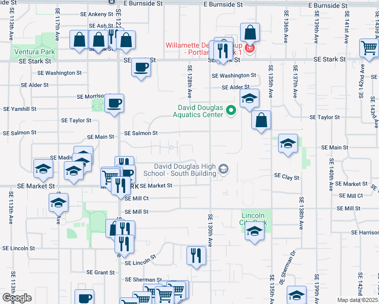 map of restaurants, bars, coffee shops, grocery stores, and more near 12730 Southeast Madison Street in Portland