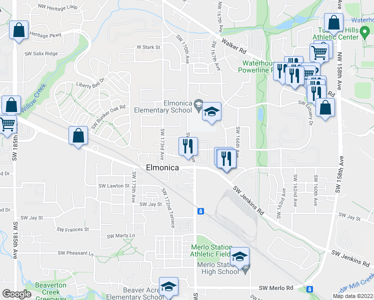 map of restaurants, bars, coffee shops, grocery stores, and more near 855 Southwest 170th Avenue in Beaverton